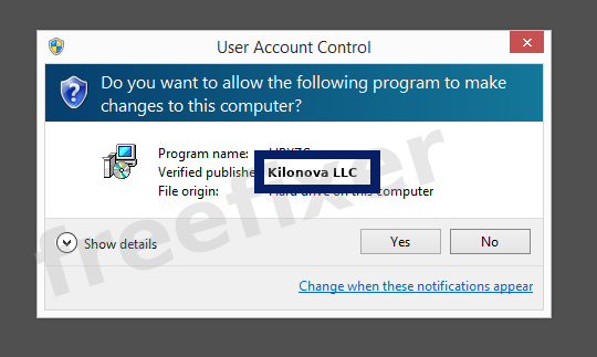 Screenshot where Kilonova LLC appears as the verified publisher in the UAC dialog